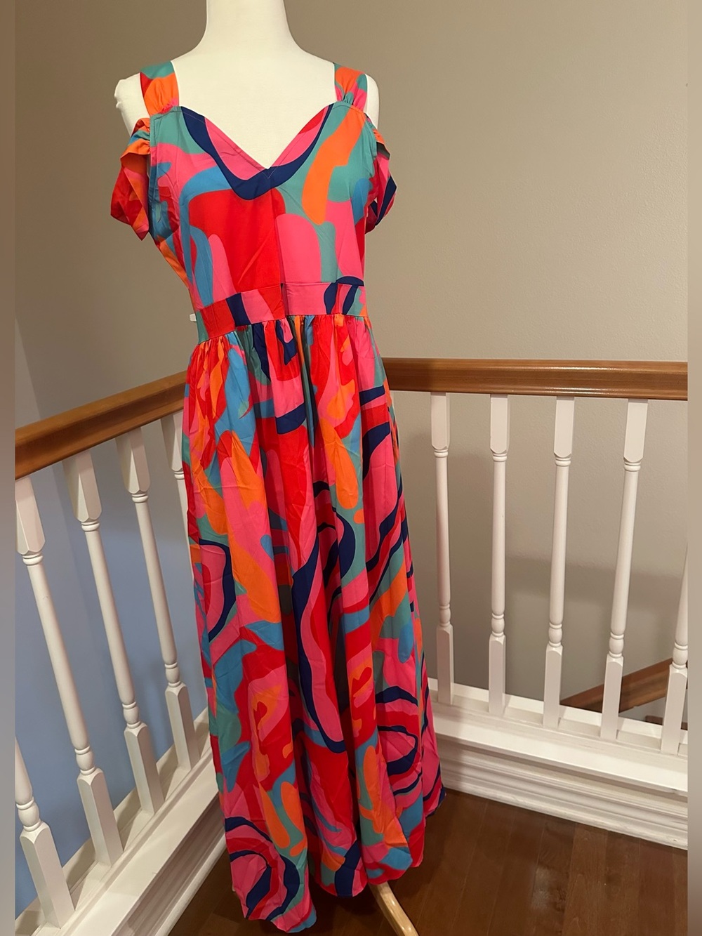Colorful Abstract Cold-Shoulder Maxi Dress - Pink & Coral Print